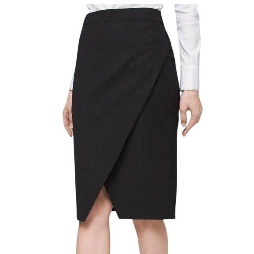 WHITE HOUSE BLACK MARKET Black Faux Wrap Draped‎ Slit Pencil Skirt Medium